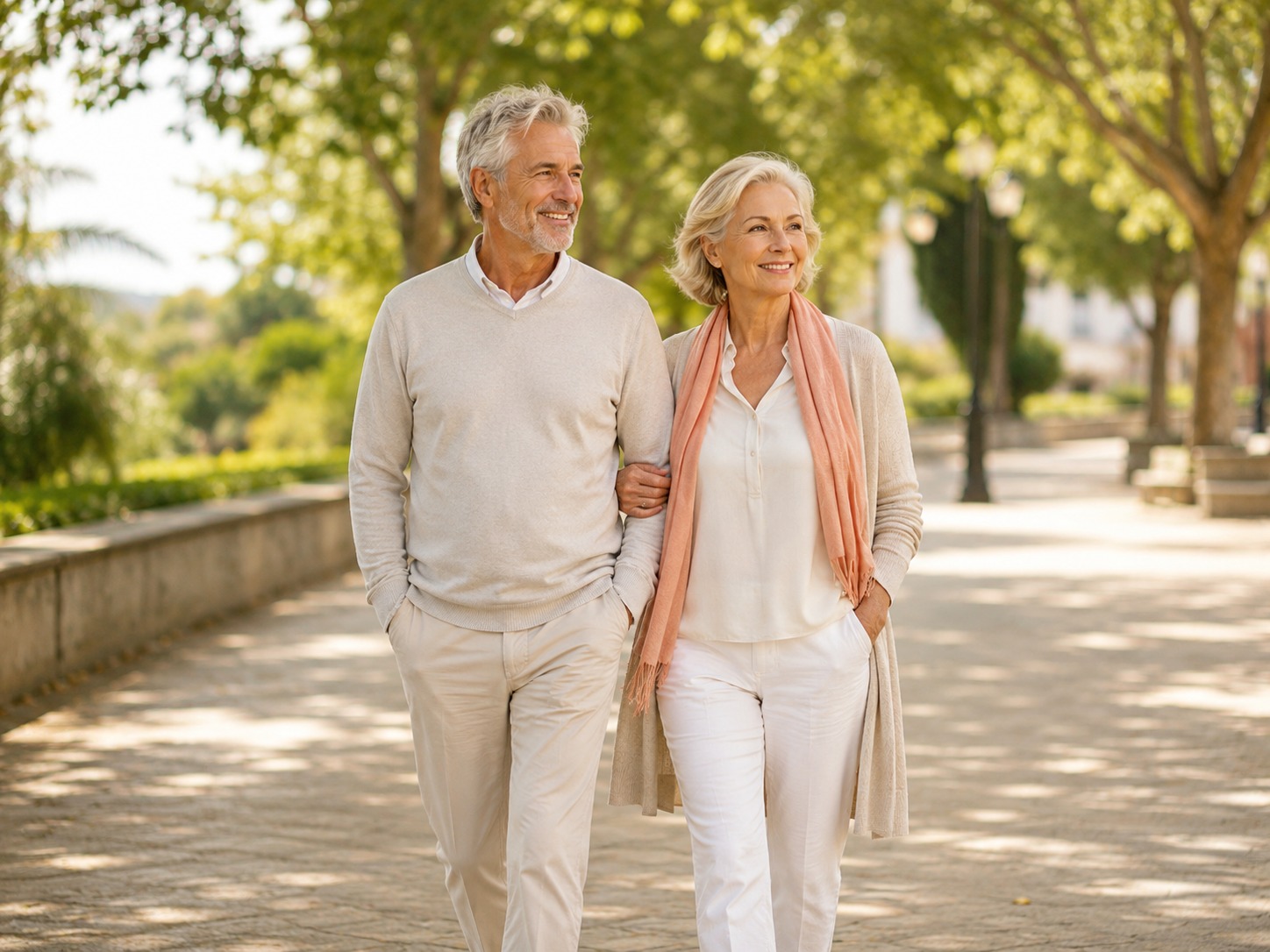 Couple de seniors se promenant dans un jardin ensoleillé — ambiance chaleureuse et naturelle